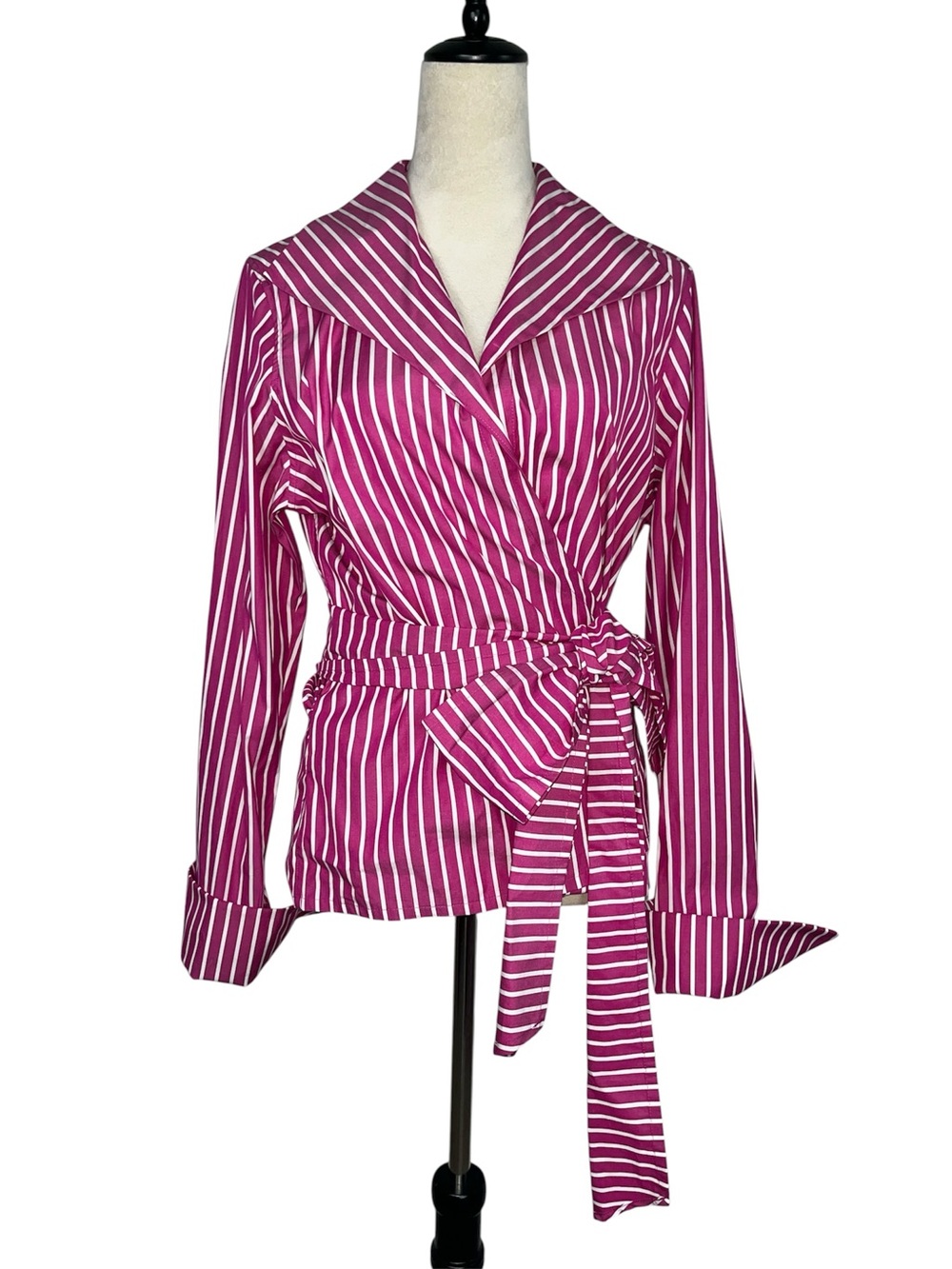 J. Peterman Pink White Stripe Shawl Collar Wrap Blouse Tie Waist Sz 16 Coastal - Picture 2 of 13